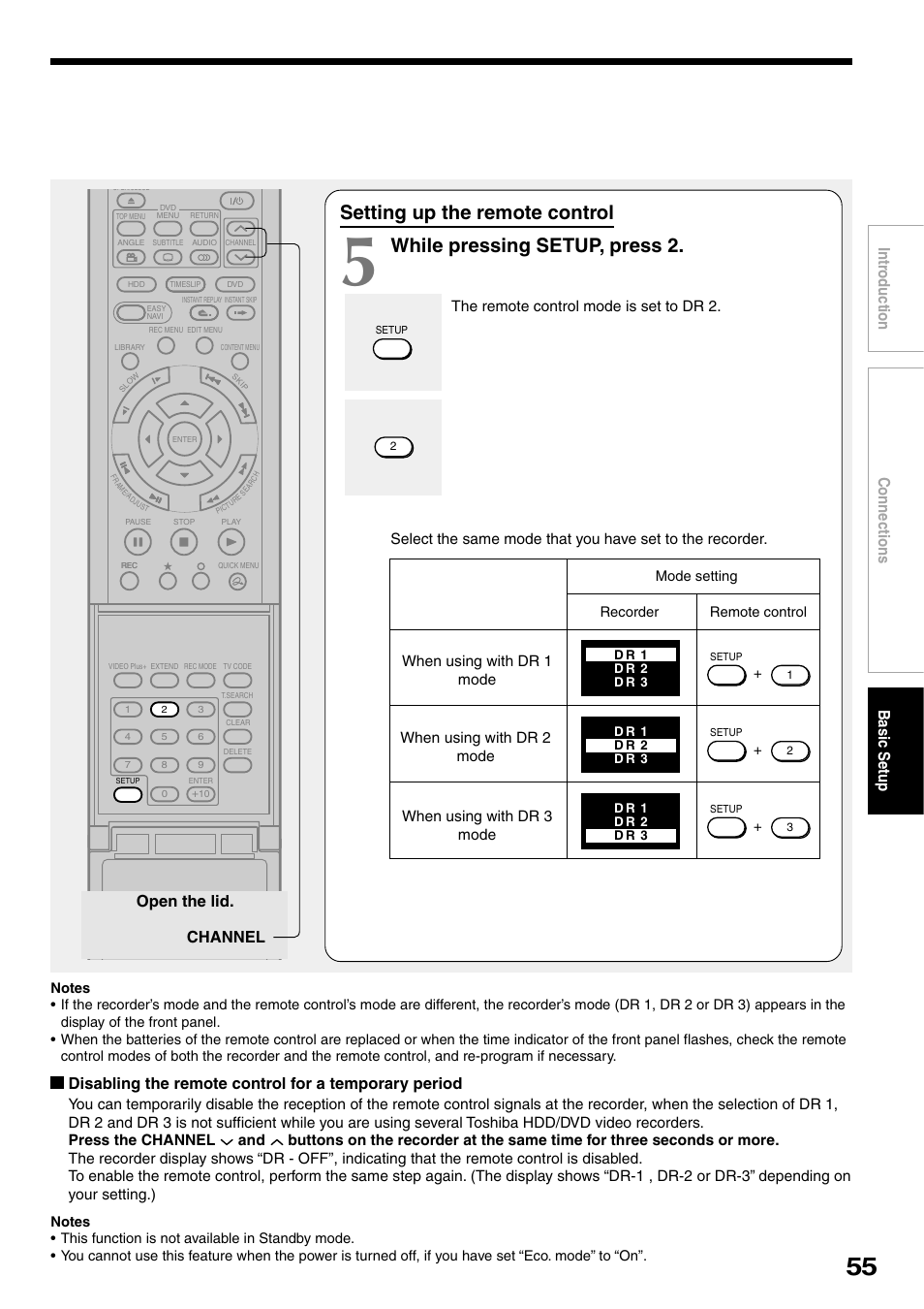 Setting up the remote control, While pressing setup, press 2, Connections basic setup intr oduction | Open the lid. channel | Toshiba RD-XS32SB User Manual | Page 63 / 239