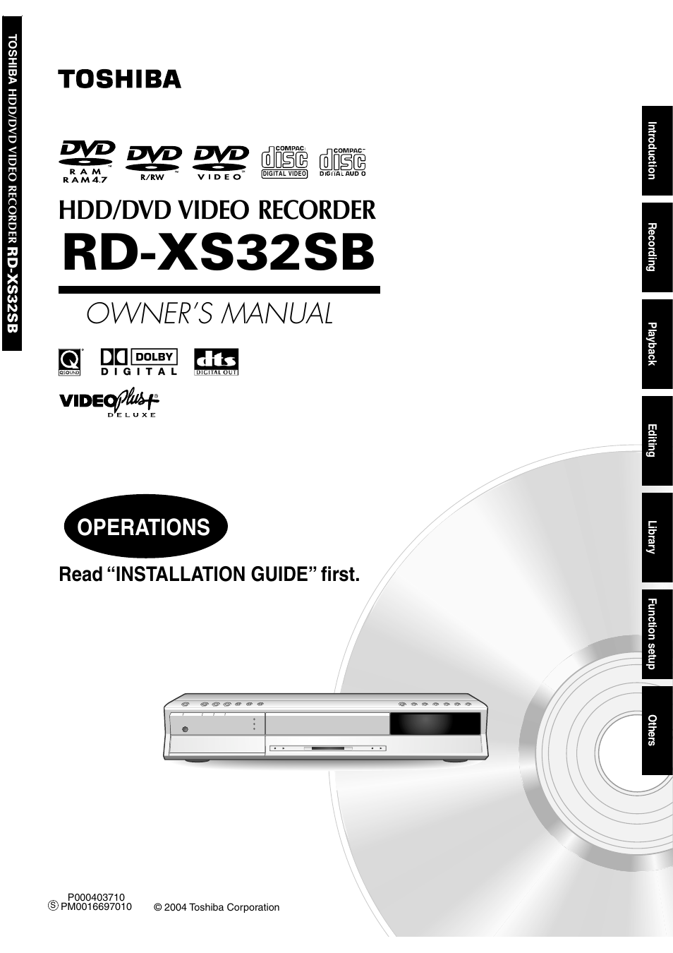 Rd-xs32sb, Owner’s manual, Hdd/dvd video recorder | Operations, Read “installation guide” first | Toshiba RD-XS32SB User Manual | Page 65 / 239