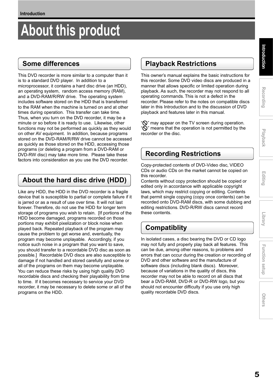 About this product, Some differences, About the hard disc drive (hdd) | Playback restrictions, Recording restrictions, Compatiblity | Toshiba RD-XS32SB User Manual | Page 69 / 239