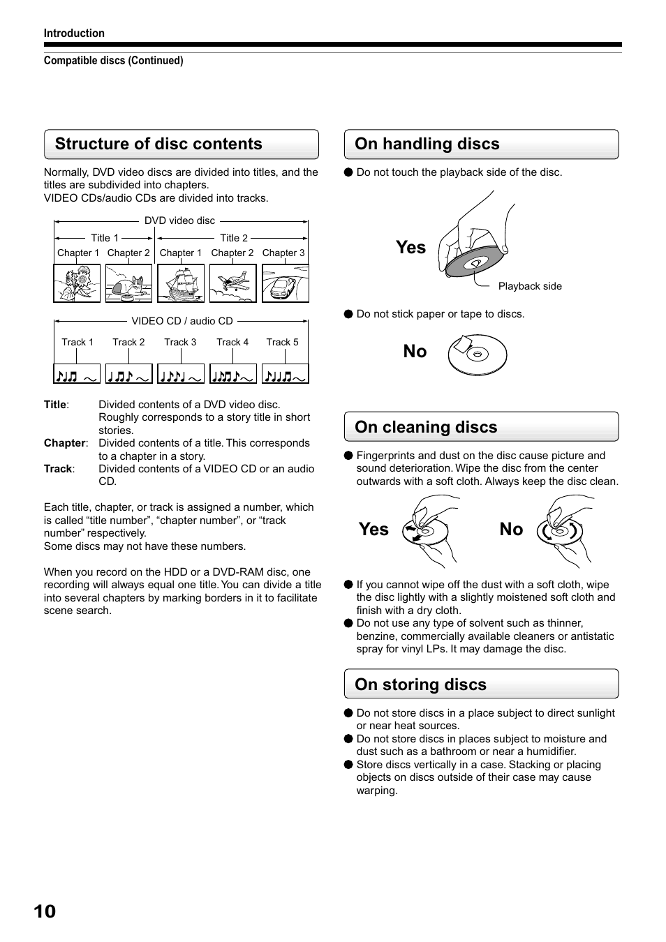 Yes no no, On handling discs, On cleaning discs | On storing discs, Structure of disc contents | Toshiba RD-XS32SB User Manual | Page 74 / 239