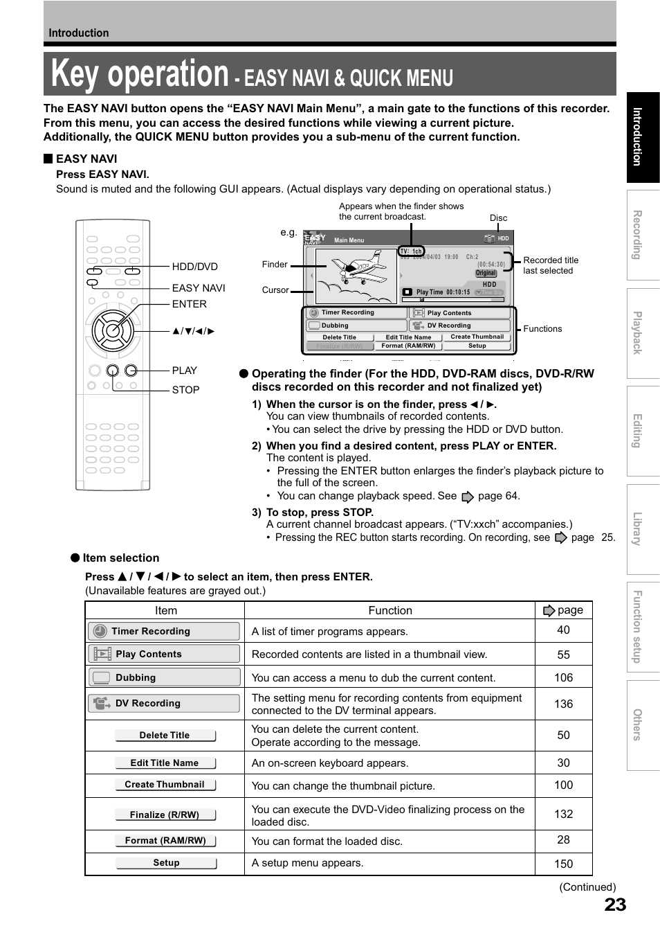 Key operation, Easy navi & quick menu | Toshiba RD-XS32SB User Manual | Page 87 / 239