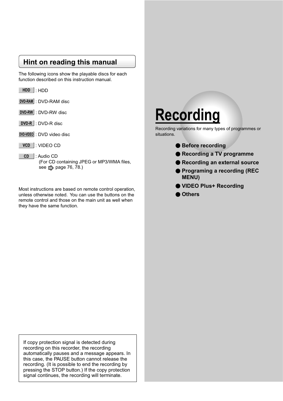 Recording, Hint on reading this manual | Toshiba RD-XS32SB User Manual | Page 89 / 239