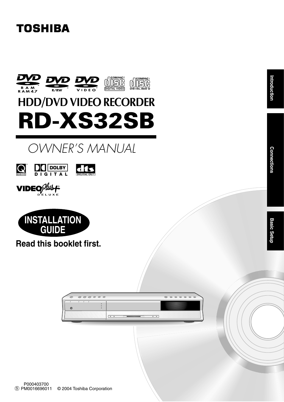 Rd-xs32sb, Owner’s manual, Hdd/dvd video recorder | Installation guide | Toshiba RD-XS32SB User Manual | Page 9 / 239