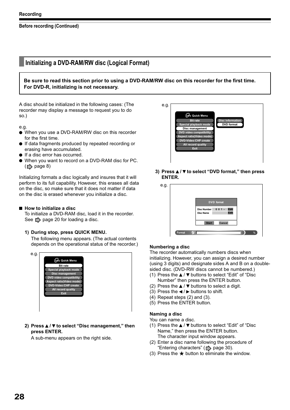 Initializing a dvd-ram/rw disc (logical format) | Toshiba RD-XS32SB User Manual | Page 92 / 239