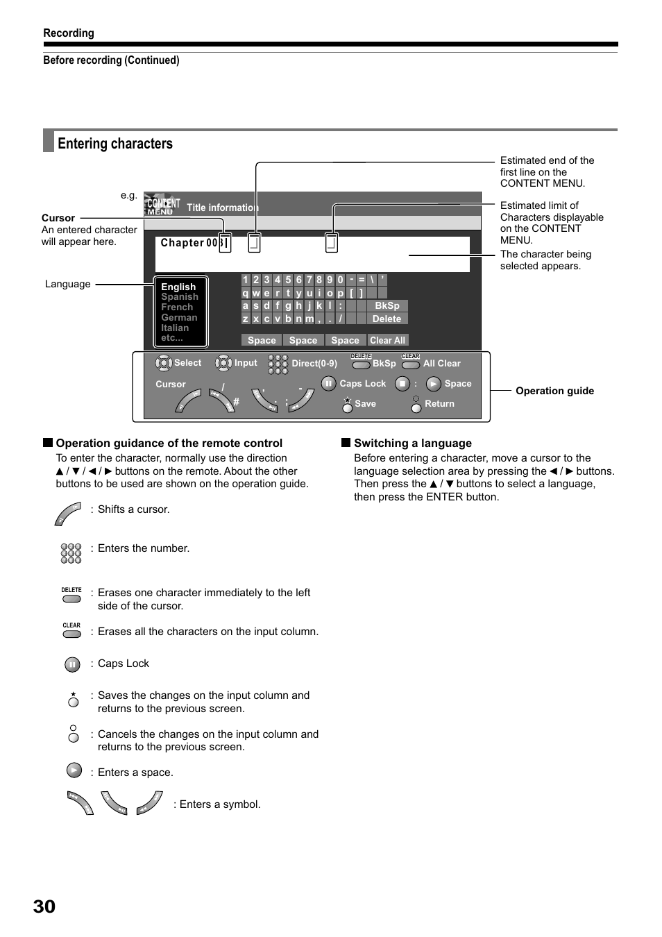 Entering characters, Content | Toshiba RD-XS32SB User Manual | Page 94 / 239