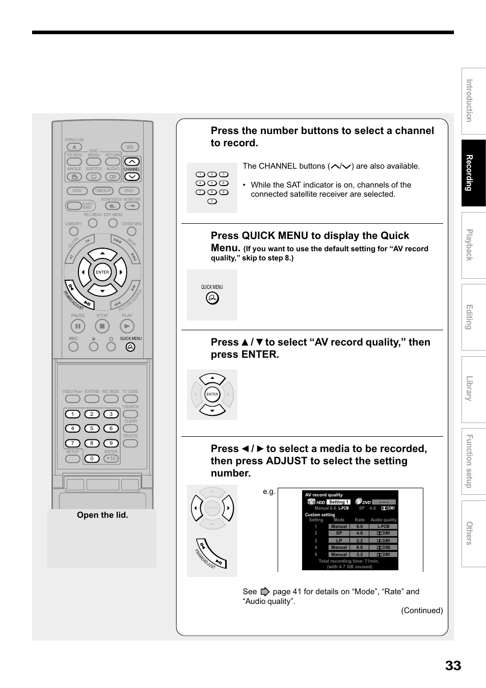 Press quick menu to display the quick menu, Open the lid | Toshiba RD-XS32SB User Manual | Page 97 / 239