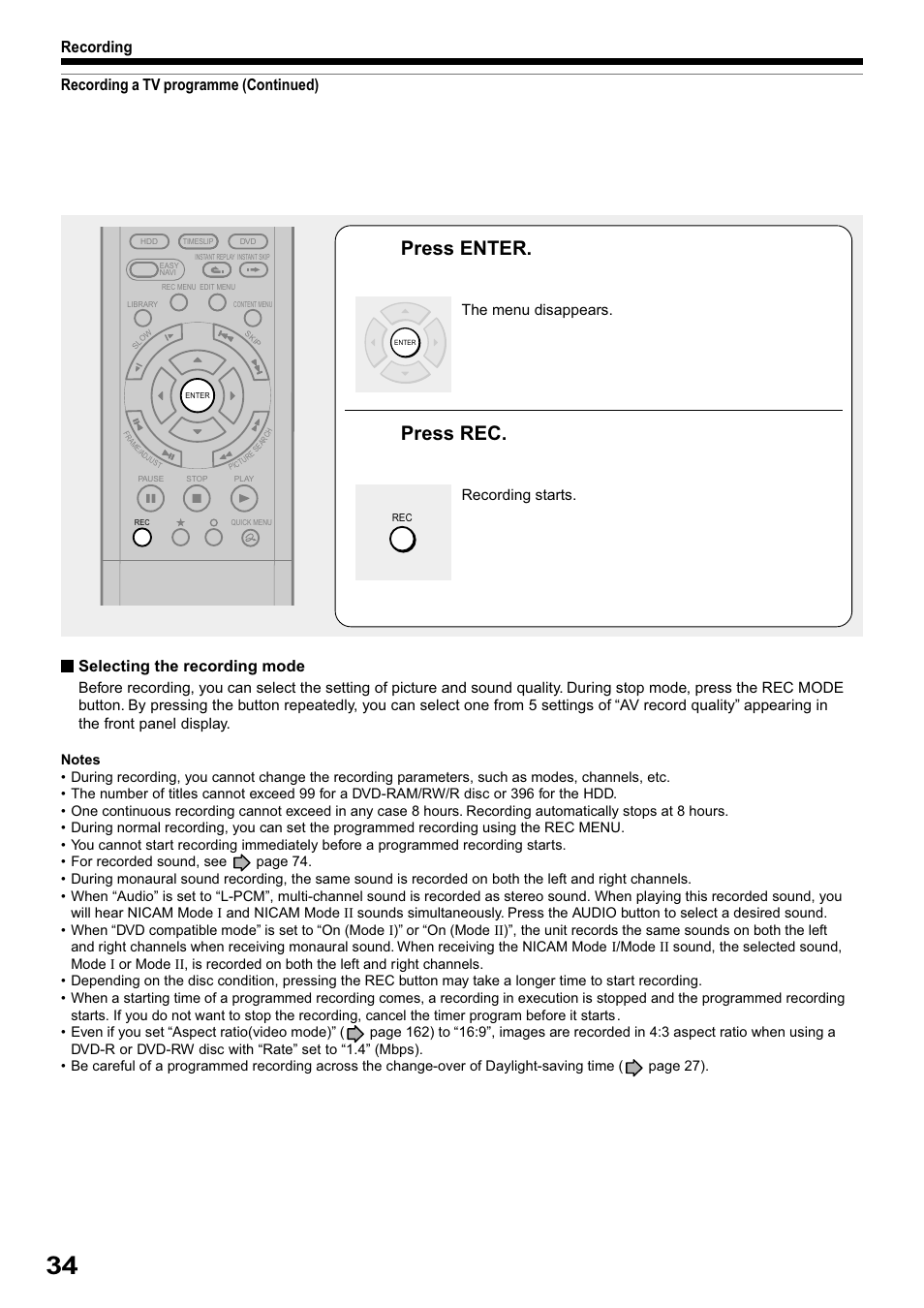 Press enter, Press rec | Toshiba RD-XS32SB User Manual | Page 98 / 239