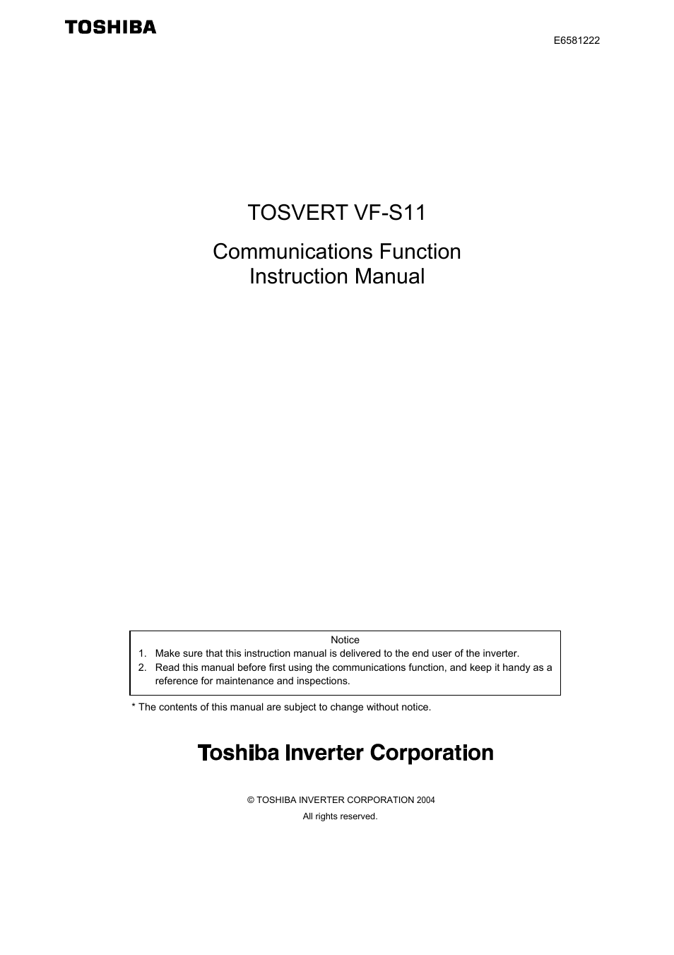 Toshiba TOSVERT VF-S11 User Manual | 68 pages