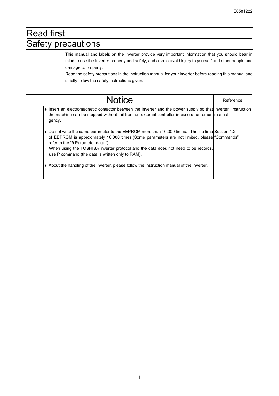 Notice, Read first safety precautions | Toshiba TOSVERT VF-S11 User Manual | Page 3 / 68