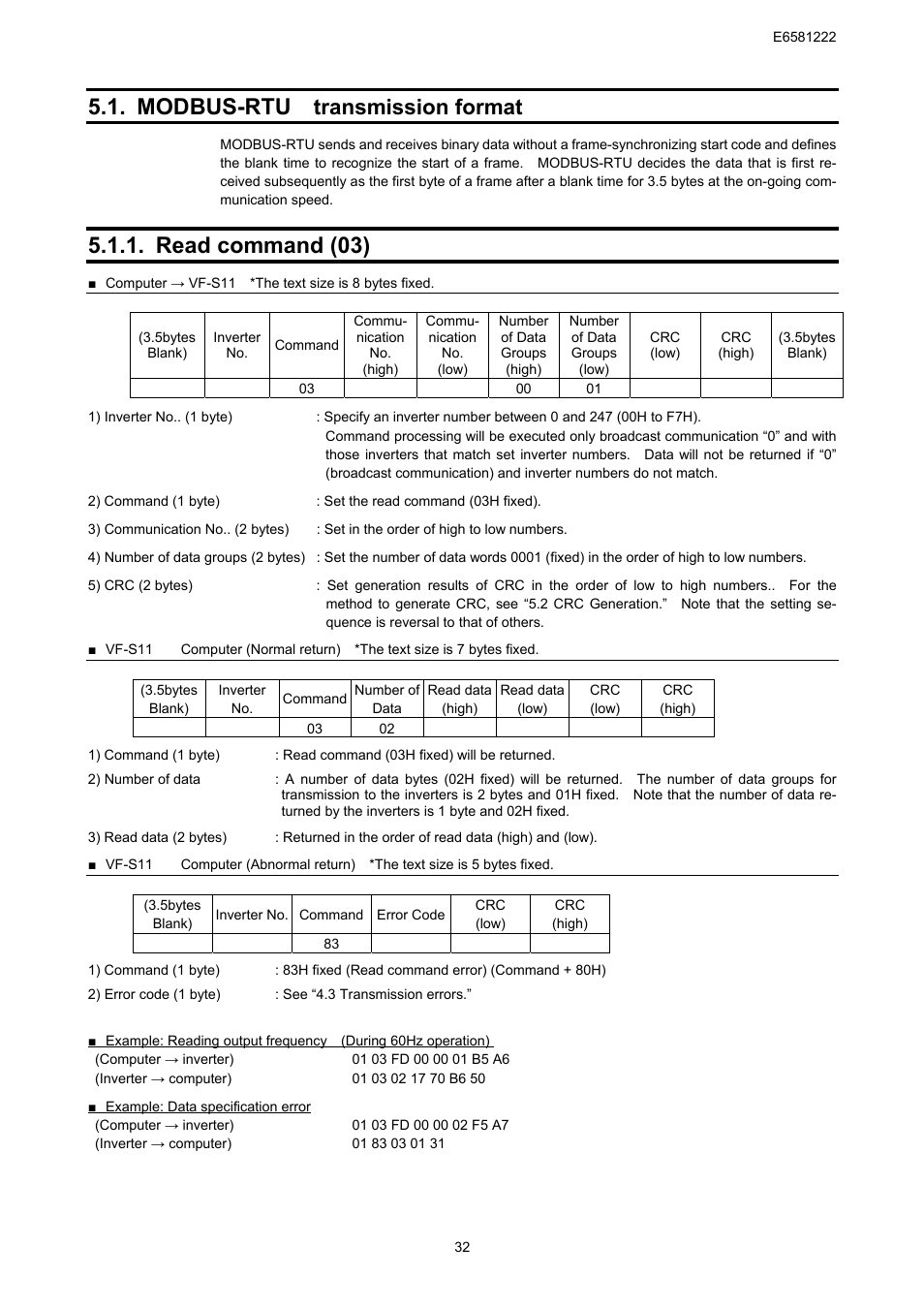 Modbus-rtu, Read command (03), Transmission format | Toshiba TOSVERT VF-S11 User Manual | Page 34 / 68