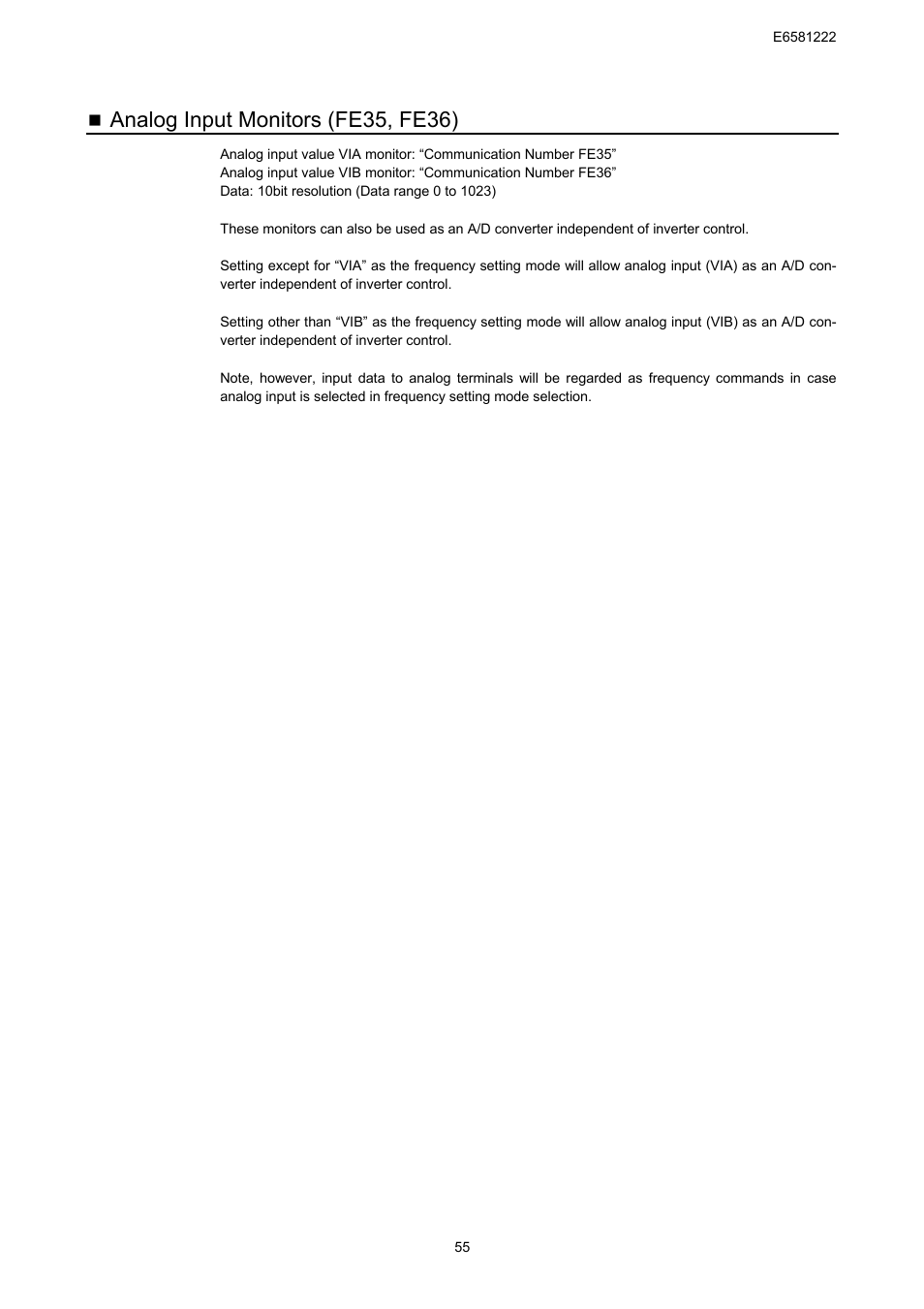 Analog input monitors (fe35, fe36) | Toshiba TOSVERT VF-S11 User Manual | Page 57 / 68
