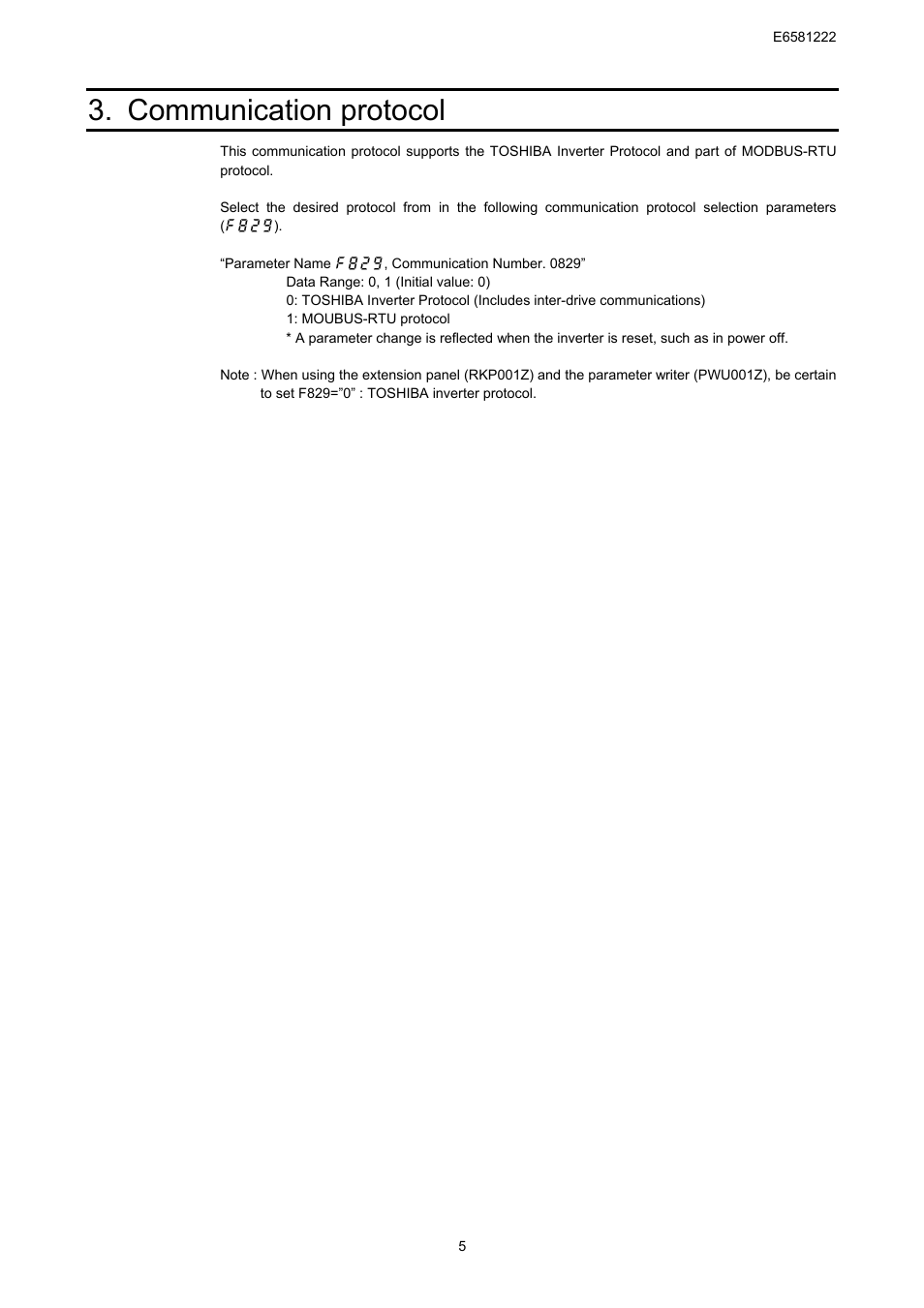 Communication protocol | Toshiba TOSVERT VF-S11 User Manual | Page 7 / 68