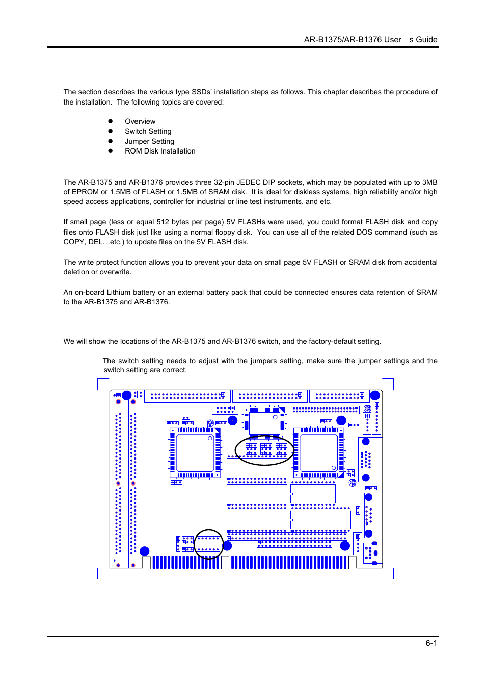 Solid state disk, 1 overview, 2 switch setting | Figure 6-1 switch & ssd type jumper location | Toshiba 386SX User Manual | Page 41 / 69