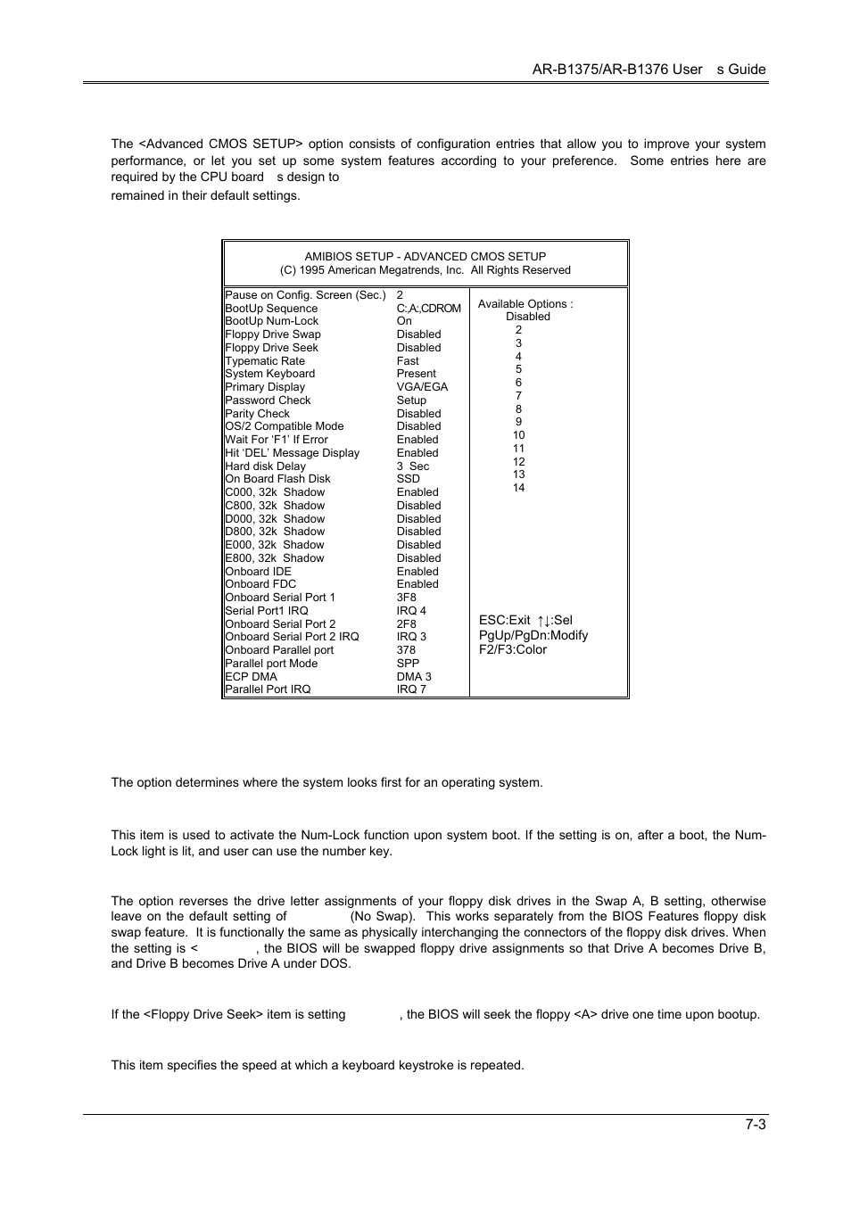 3 advanced cmos setup, Bootup sequence, Bootup num-lock | Floppy drive swap, Floppy drive seek, Typematic rate | Toshiba 386SX User Manual | Page 55 / 69