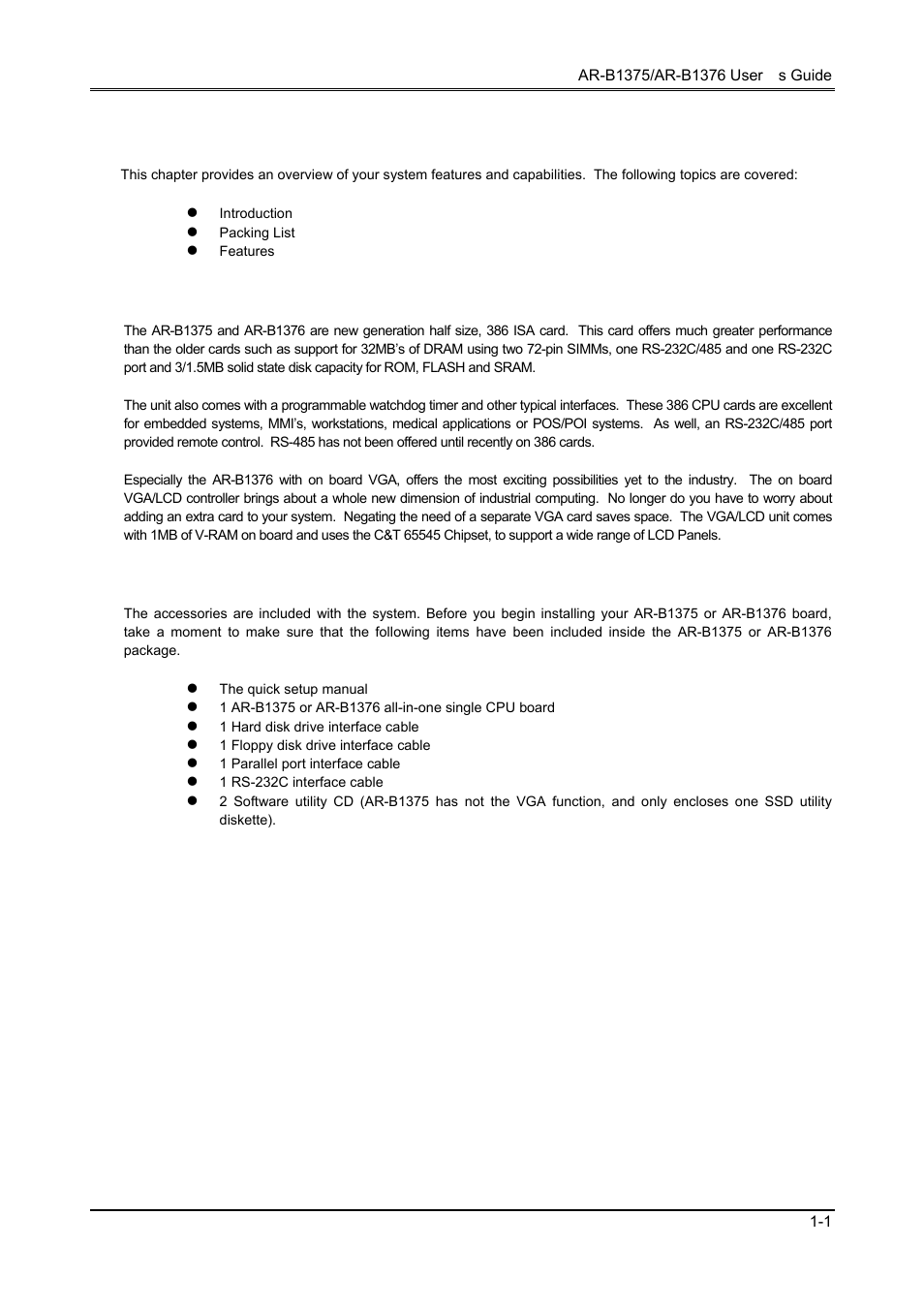 Overview, 1 introduction, 2 packing list | Toshiba 386SX User Manual | Page 7 / 69