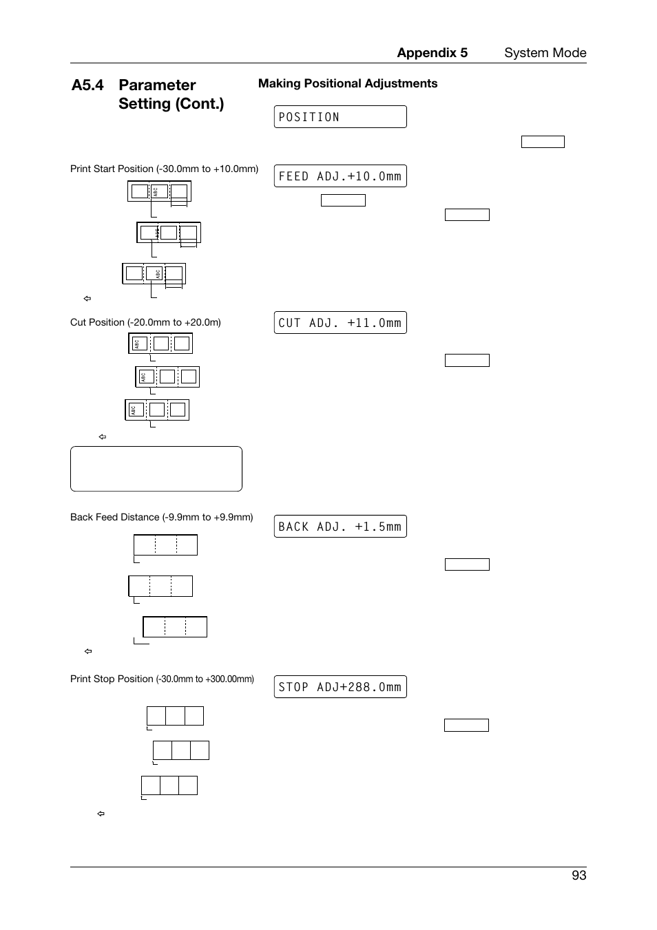 A5.4 parameter setting (cont.), Appendix 5 system mode 93, Back adj. +1.5mm | Stop adj+288.0mm | Toshiba TEC CB-426-T3-QQ User Manual | Page 101 / 122