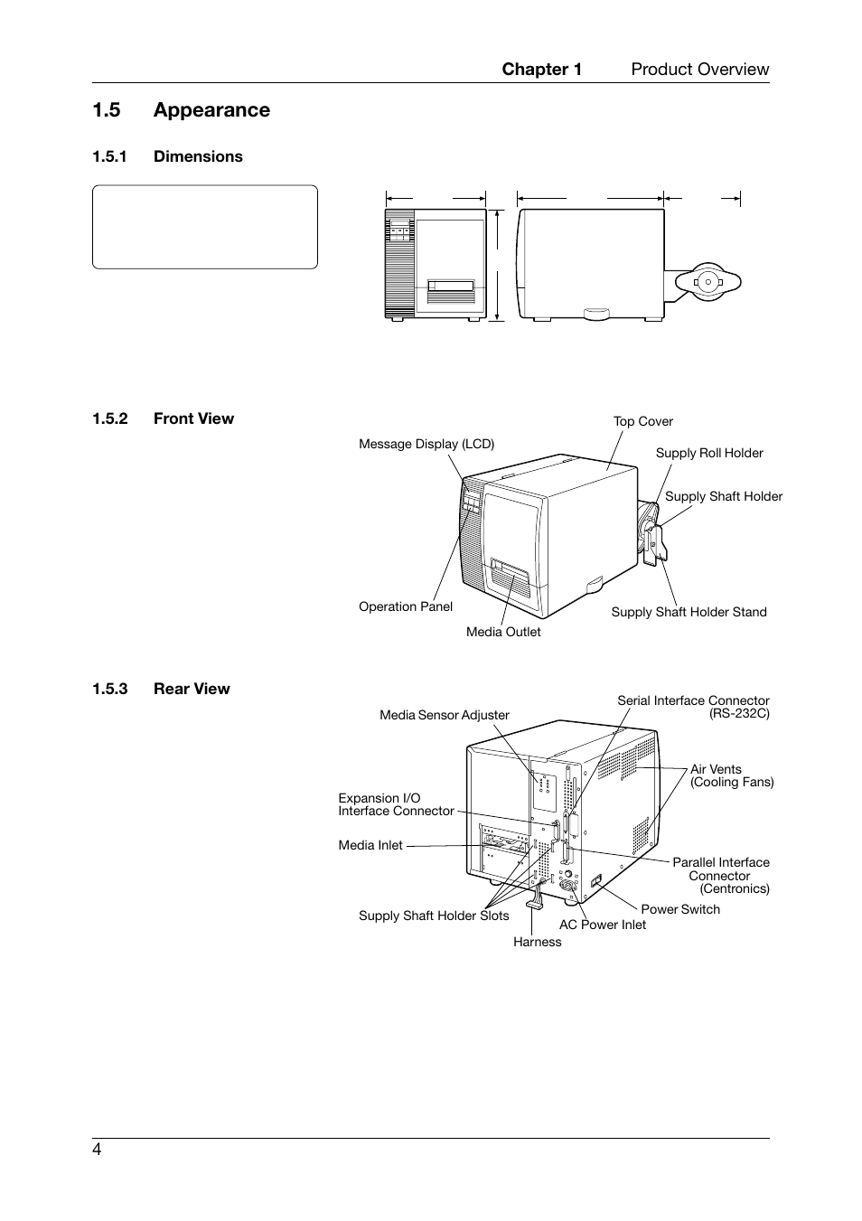 5 appearance, Dimensions, Front view | Rear view, Chapter 1 product overview 4 | Toshiba TEC CB-426-T3-QQ User Manual | Page 12 / 122