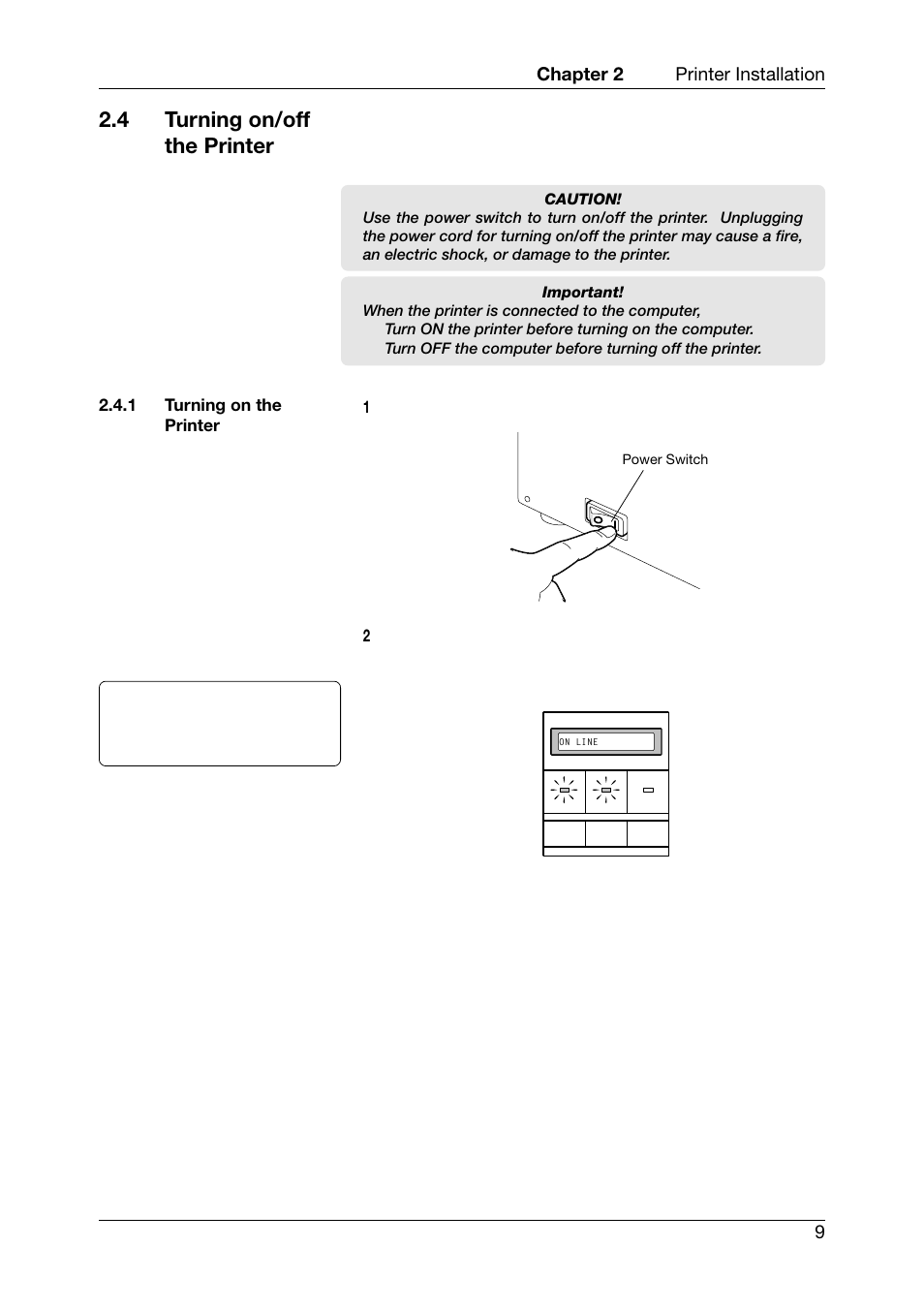 4 turning on/off the printer, Turning on the printer, Chapter 2 printer installation 9 | Toshiba TEC CB-426-T3-QQ User Manual | Page 17 / 122