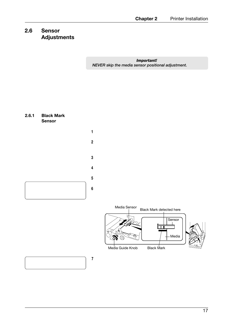 6 sensor adjustments, Black mark sensor | Toshiba TEC CB-426-T3-QQ User Manual | Page 25 / 122