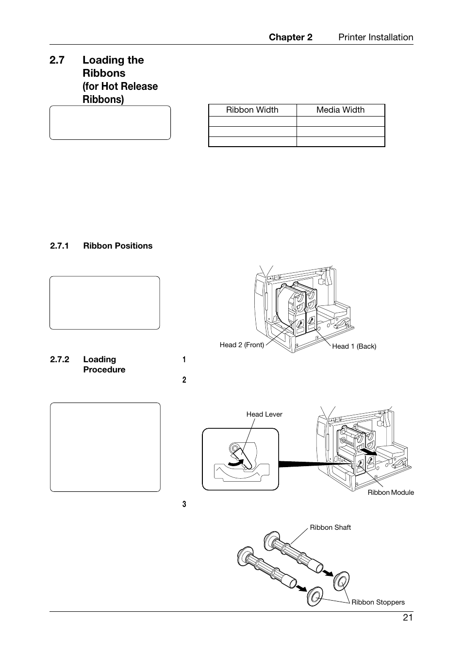 7 loading the ribbons (for hot release ribbons), Ribbon positions, Loading procedure | Toshiba TEC CB-426-T3-QQ User Manual | Page 29 / 122