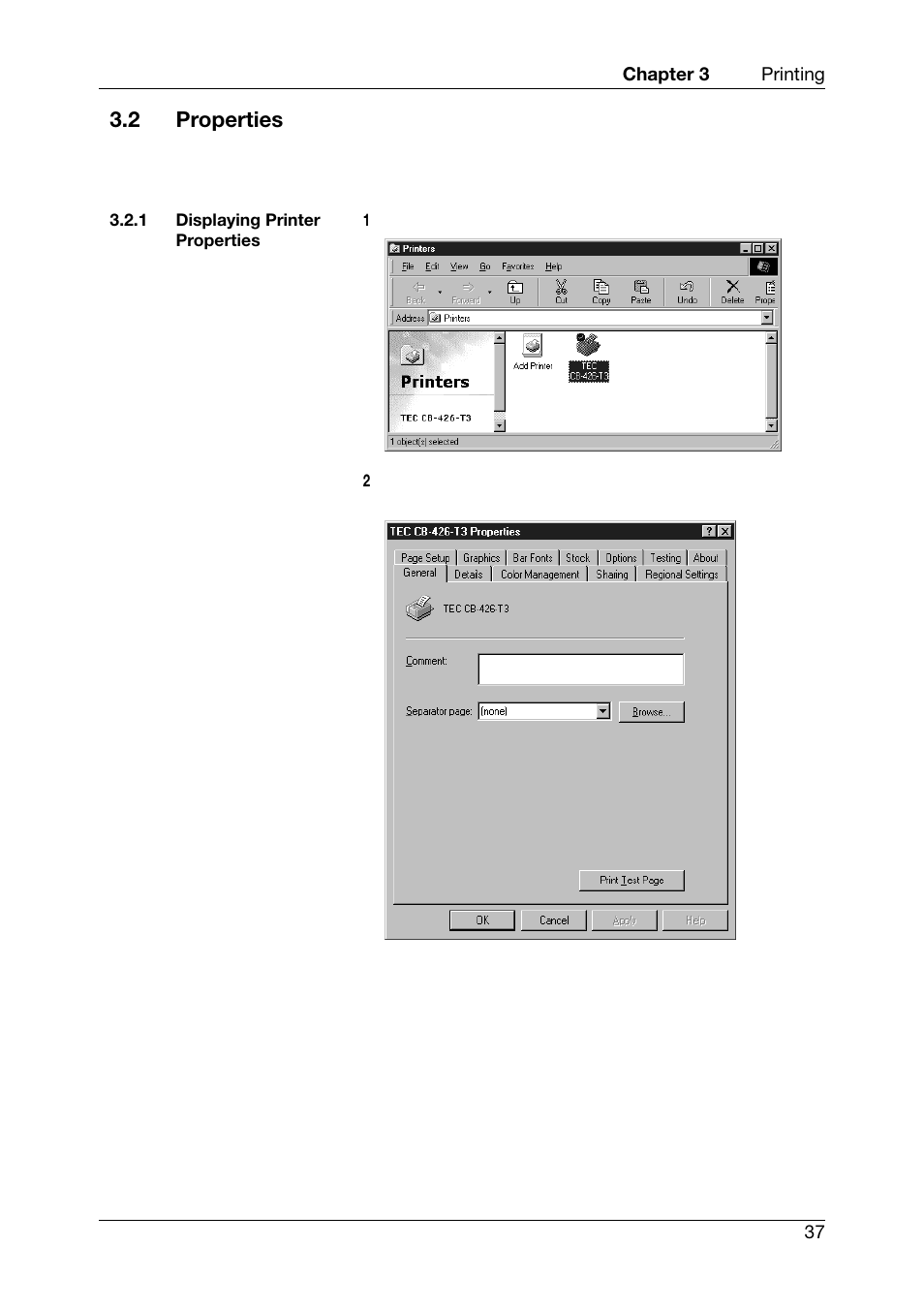 2 properties, Displaying printer properties | Toshiba TEC CB-426-T3-QQ User Manual | Page 45 / 122