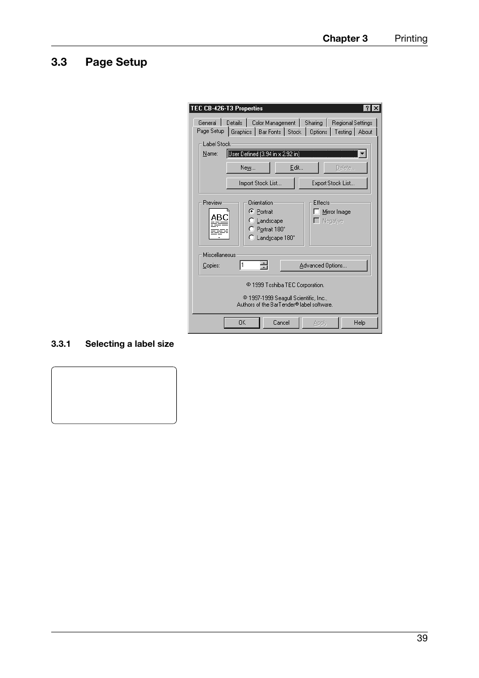 Selecting a label size, 3 page setup | Toshiba TEC CB-426-T3-QQ User Manual | Page 47 / 122