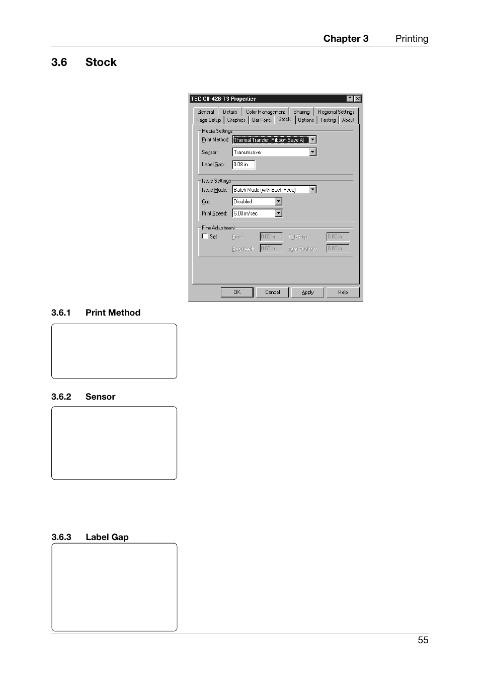 6 stock, Print method, Sensor | Label gap | Toshiba TEC CB-426-T3-QQ User Manual | Page 63 / 122