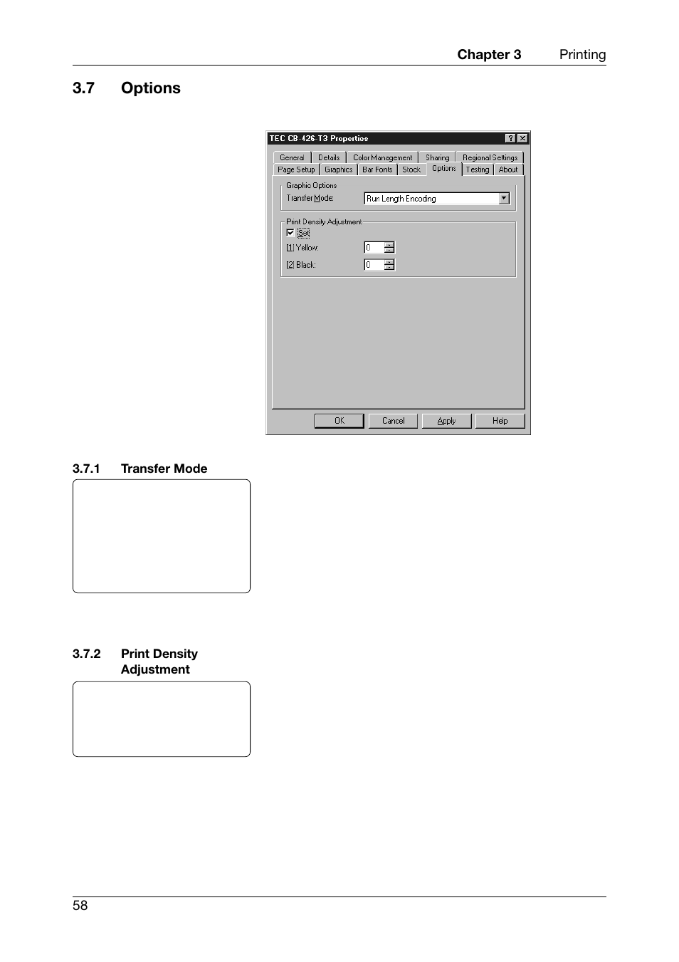 7 options, Transfer mode, Print density adjustment | Toshiba TEC CB-426-T3-QQ User Manual | Page 66 / 122