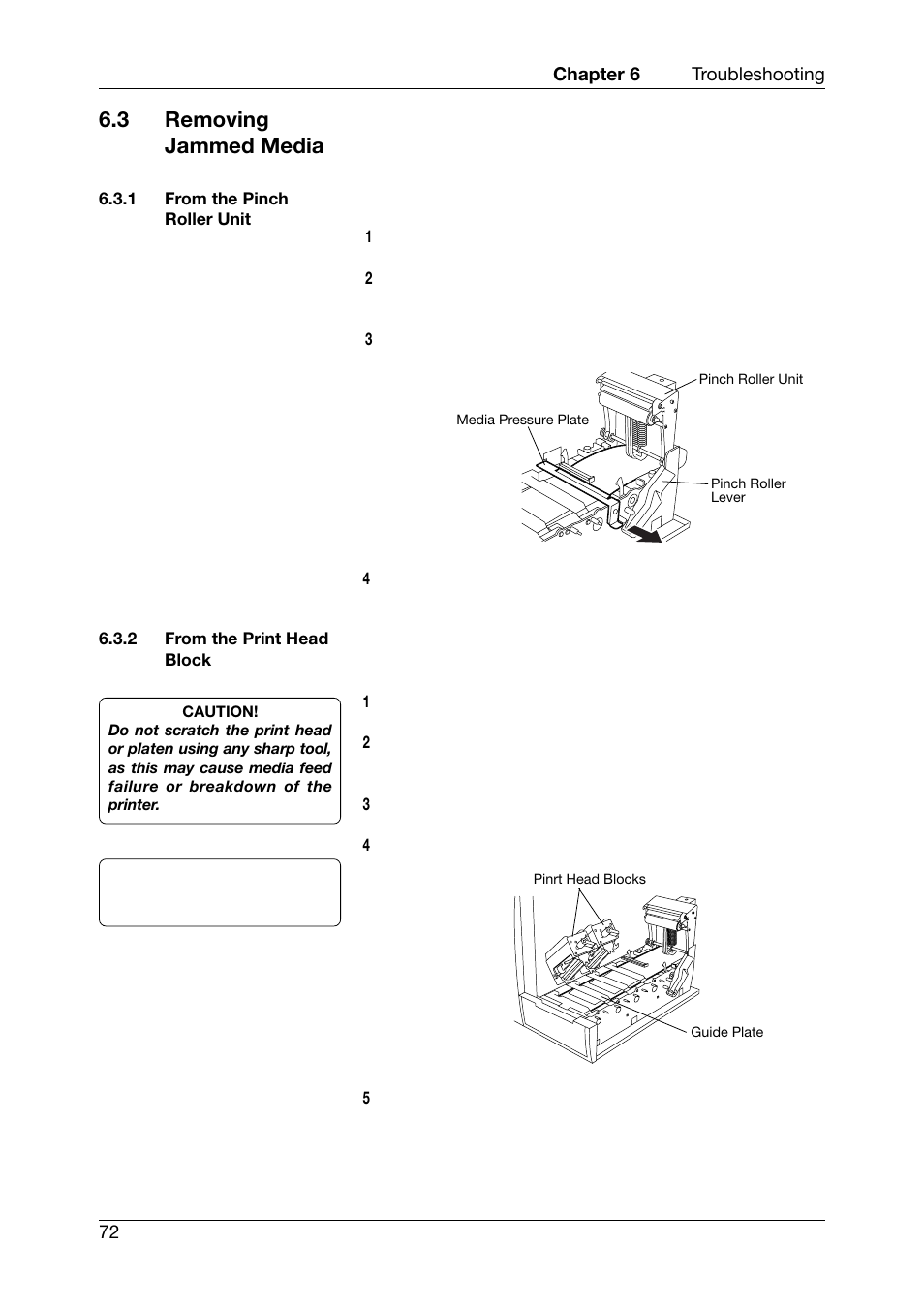 3 removing jammed media, From the pinch roller unit, From the print head block | Toshiba TEC CB-426-T3-QQ User Manual | Page 80 / 122
