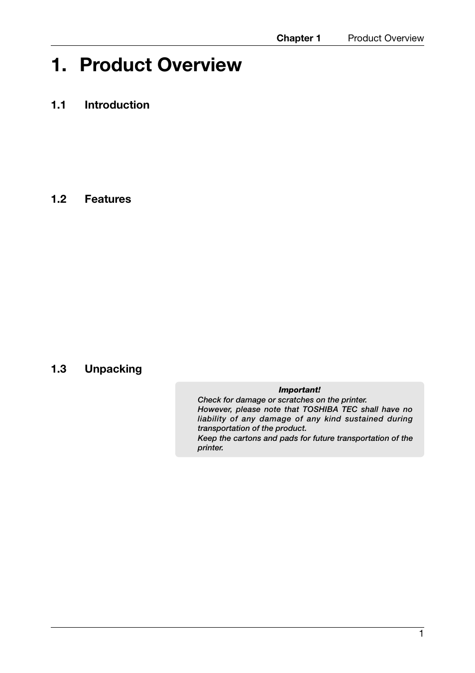 Product overview, 1 introduction 1.2 features 1.3 unpacking | Toshiba TEC CB-426-T3-QQ User Manual | Page 9 / 122