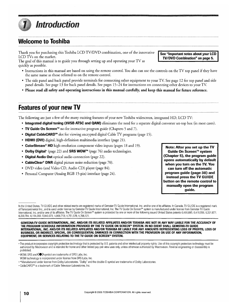 Introduction, Welcome to toshiba, Features of your new tv | Toshiba 32HLX95 User Manual | Page 10 / 106