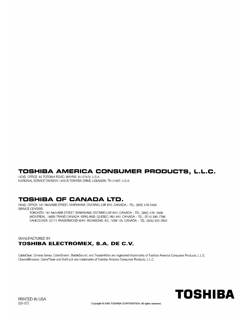 Toshiba, Toshiba america consumer prooucts, l.l.c, Toshiba of can ao a lto | Toshiba 32HLX95 User Manual | Page 102 / 106