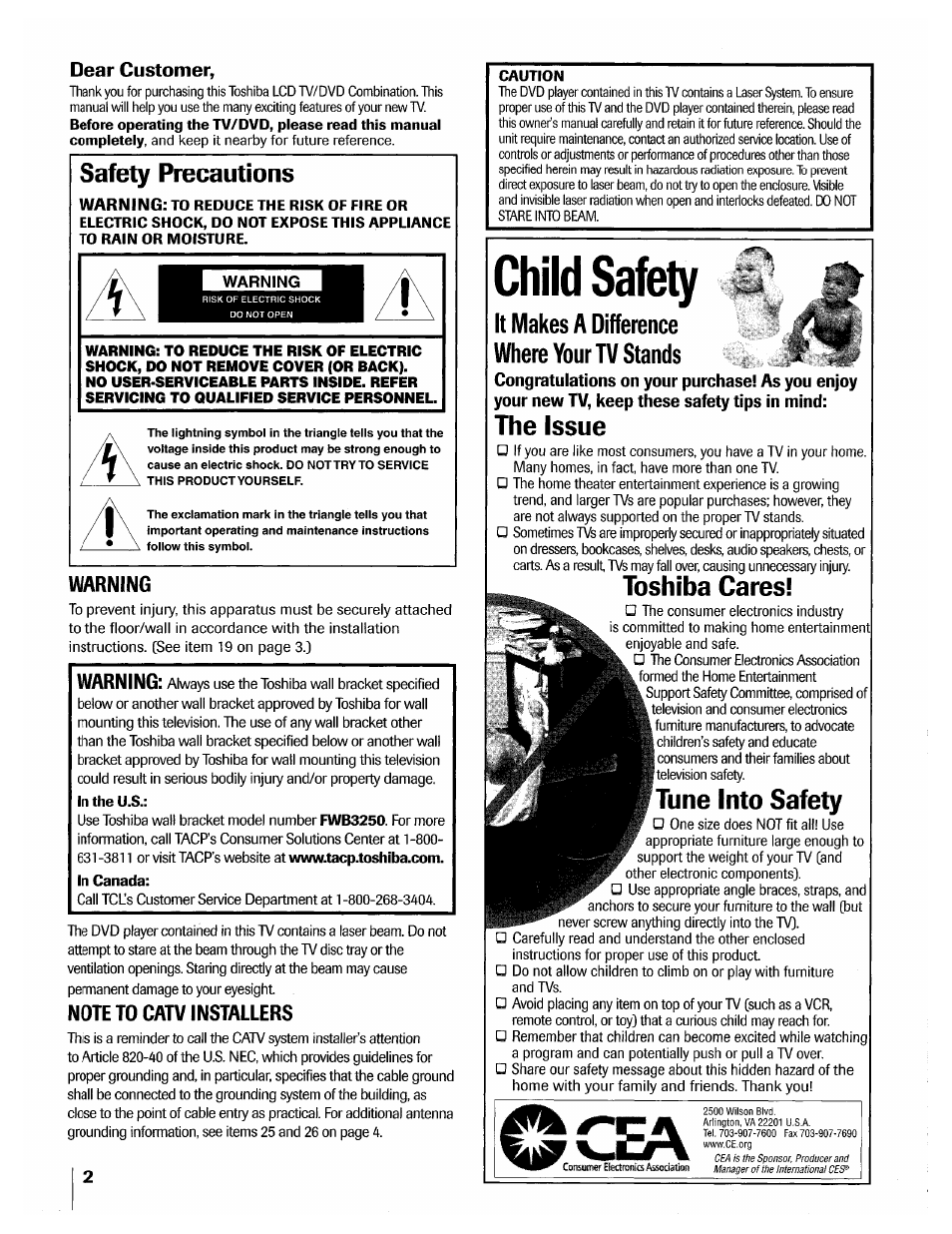 Dear customer, Safety precautions, Warning | Note to catv installers, It makes a difference where your tv stands, The issue, Toshiba cares, Tune into safety, Child safety | Toshiba 32HLX95 User Manual | Page 2 / 106