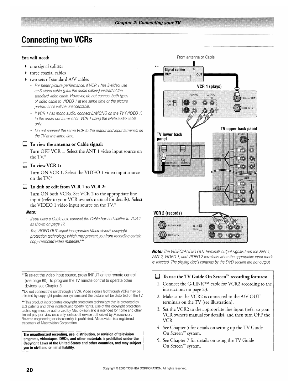 Connecting two vcrs | Toshiba 32HLX95 User Manual | Page 20 / 106