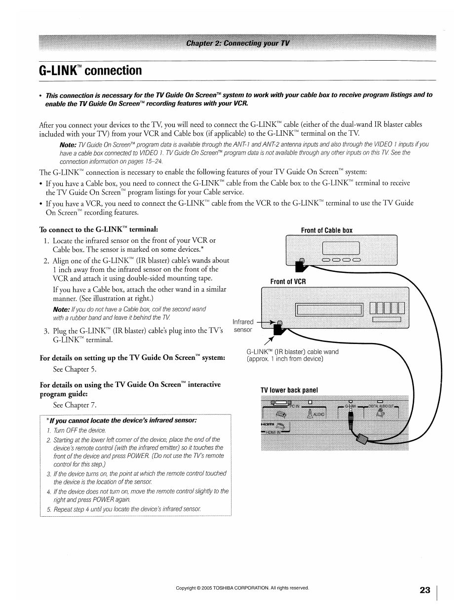 G-link^ connection, To connect to the g-link™ terminal, G-link’“ connection | Setting up the tv guide on screen™ system, 1 i i ^ 1 ) | Toshiba 32HLX95 User Manual | Page 23 / 106