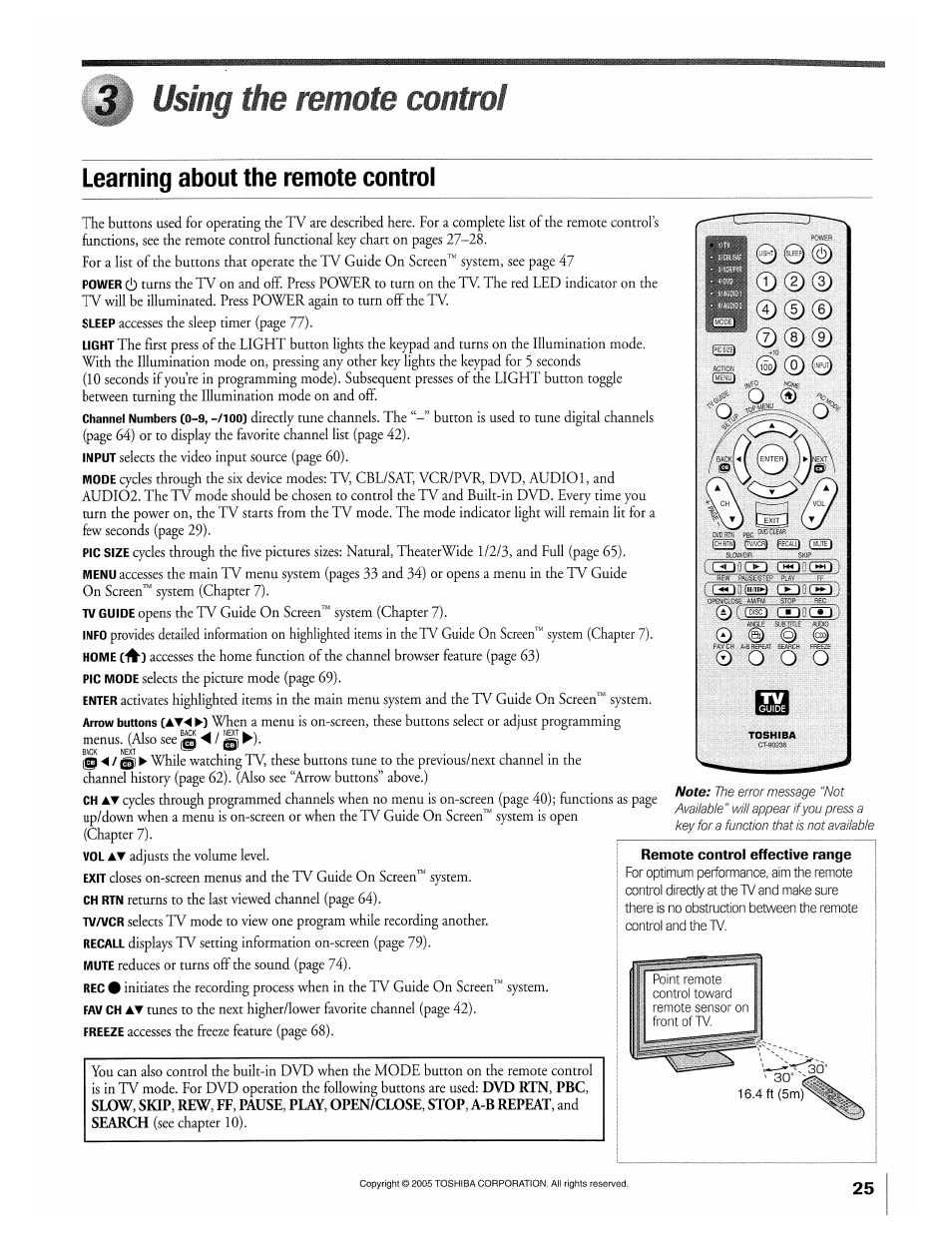 Using the remote control, Learning about the remote control, Chapter 3: using the remote control | Toshiba 32HLX95 User Manual | Page 25 / 106