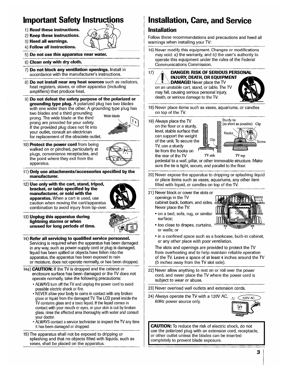 Important safety instructions, Installation, care, and service, Installation | Toshiba 32HLX95 User Manual | Page 3 / 106