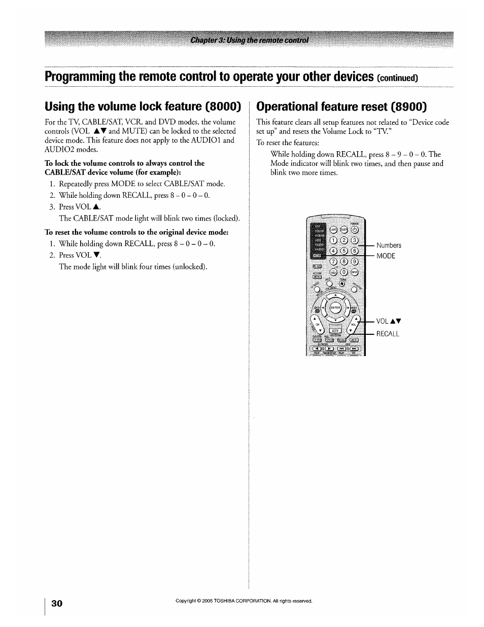 Using the volume lock feature (8000), Operational feature reset (8900) | Toshiba 32HLX95 User Manual | Page 30 / 106