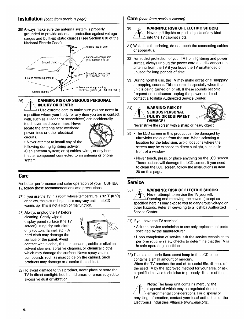 Care, Installation, Caro | Toshiba 32HLX95 User Manual | Page 4 / 106