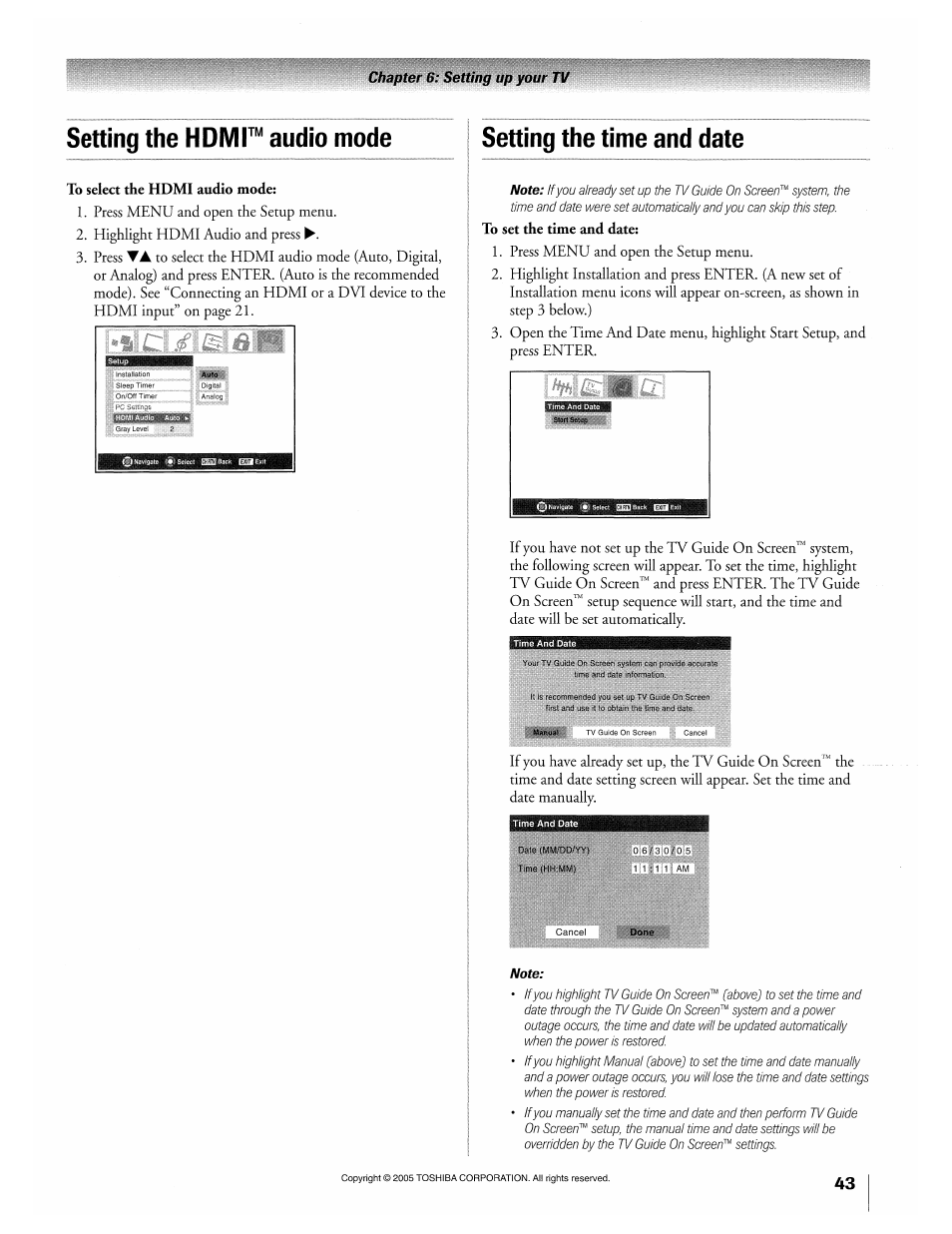 Setting the hdmr audio mode, To select the hdmi audio mode, Setting the time and date | Setting the hdmi™ audio mode | Toshiba 32HLX95 User Manual | Page 43 / 106