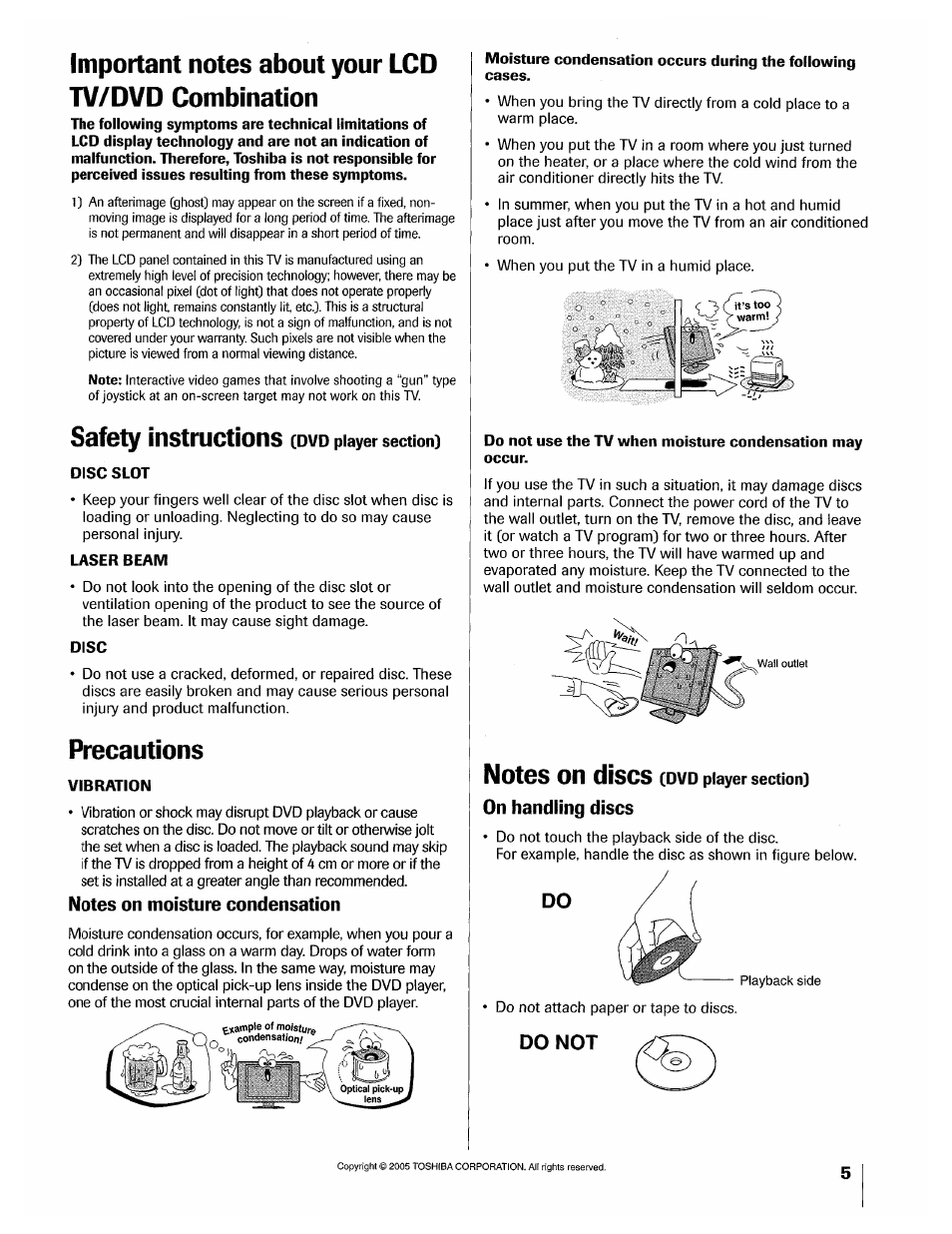 Important notes about your lcd tv/dvd combination, Precautions, Notes on moisture condensation | On handling discs, Do not, Safety instructions | Toshiba 32HLX95 User Manual | Page 5 / 106