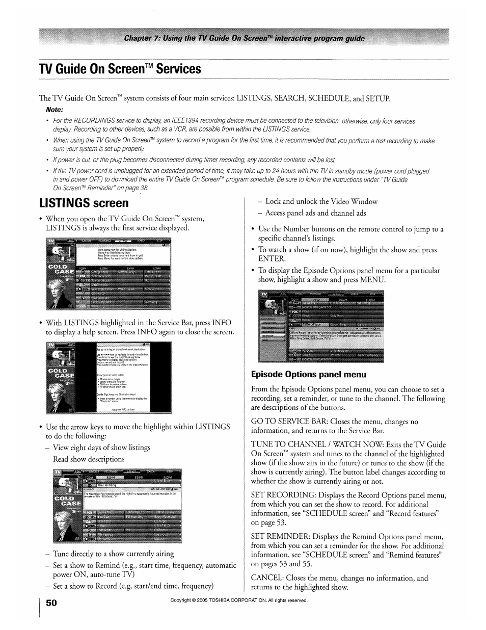 Listings screen, Episode options panel menu, Tv guide on screen™ services | Toshiba 32HLX95 User Manual | Page 50 / 106