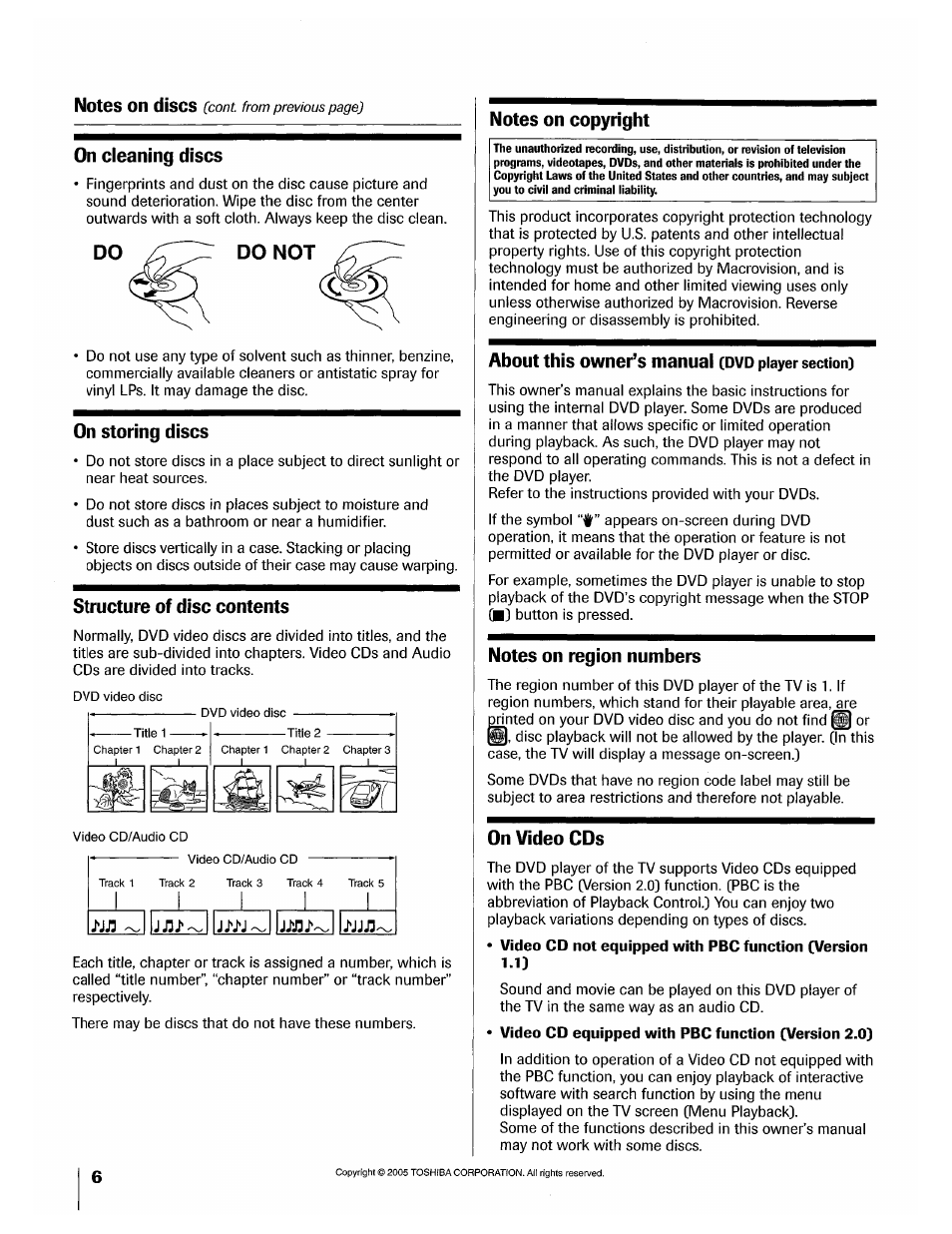 On cleaning discs, Do not, On storing discs | Structure of disc contents, J>jj3, Notes on copyright, About this owner’s manual (dvd player section), Notes on region numbers, On video cds | Toshiba 32HLX95 User Manual | Page 6 / 106