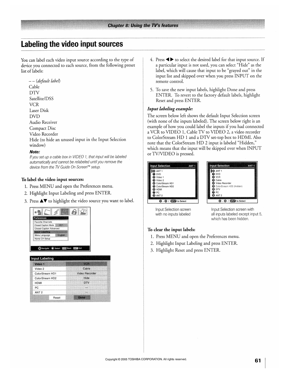 Labeling the video input sources, To label the video input sources, To clear the input labels | Toshiba 32HLX95 User Manual | Page 61 / 106