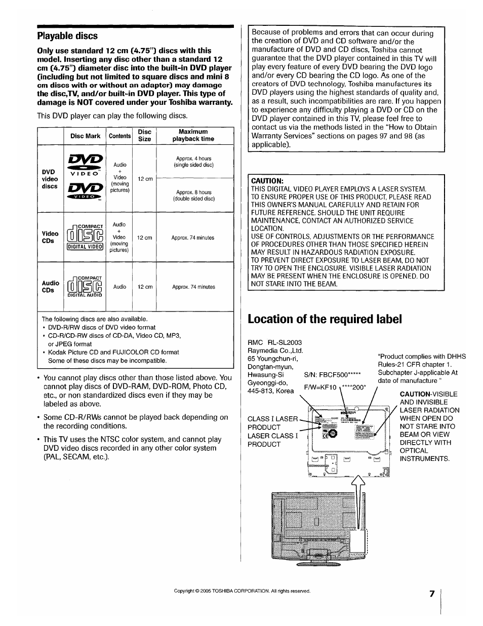 Playable discs, Location of the required label | Toshiba 32HLX95 User Manual | Page 7 / 106