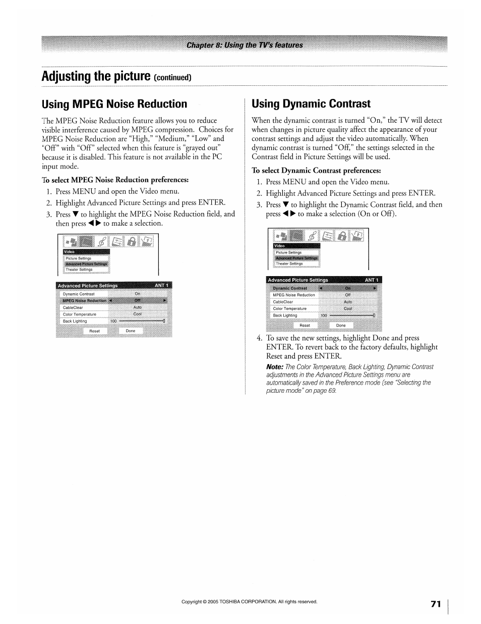 Using mpeg noise reduction, Using dynamic contrast, Adjusting the picture | Toshiba 32HLX95 User Manual | Page 71 / 106