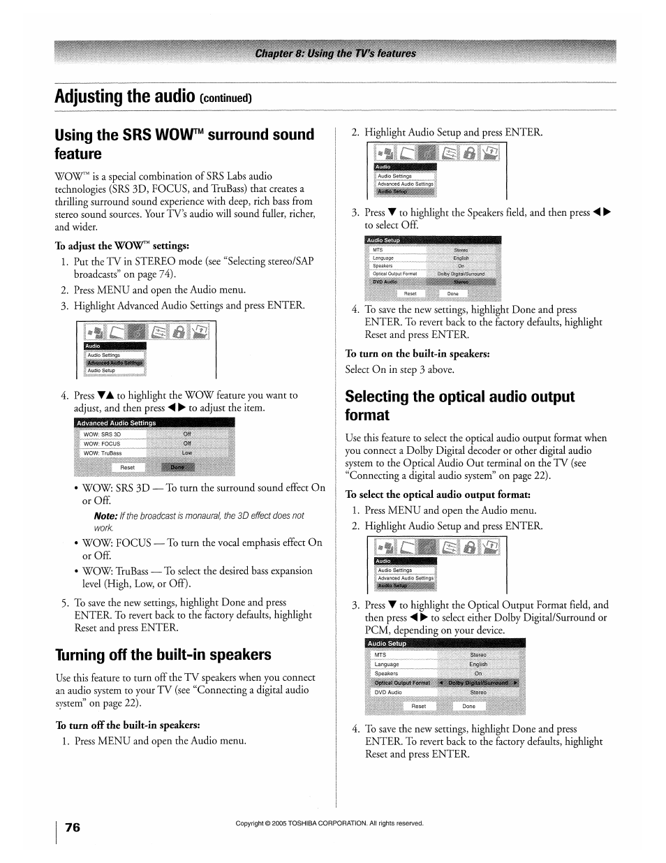 Using the srs wov\t^ surround sound feature, Turning off the built-in speakers, Selecting the optical audio output format | Using the srs wow’“ surround sound feature, Adjusting the audio | Toshiba 32HLX95 User Manual | Page 76 / 106