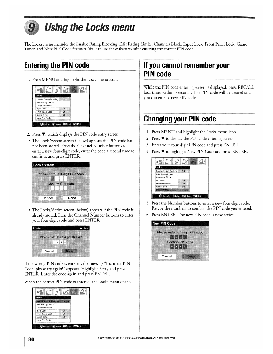 Âl using the locks menu, Entering the pin code, If you cannot remember your pin code | Changing your pin code, Chapter 9: using the locks menu, Using the locks menu | Toshiba 32HLX95 User Manual | Page 80 / 106