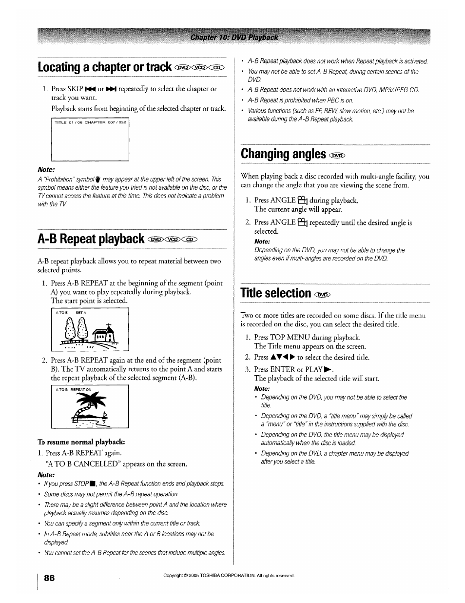 Locating a chapter or track, A-b repeat playback, To resume normal playback | Changing angles, Title selection | Toshiba 32HLX95 User Manual | Page 86 / 106