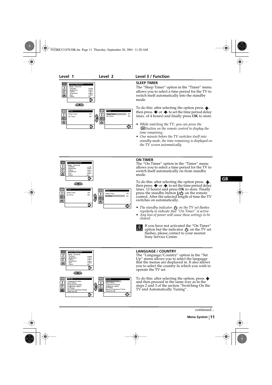 Level 1 level 2 level 3 / function | Sony KV-21FX30K User Manual | Page 10 / 135